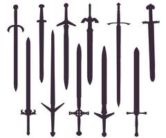 um conjunto de silhuetas de espadas de diferentes cavaleiros vetor