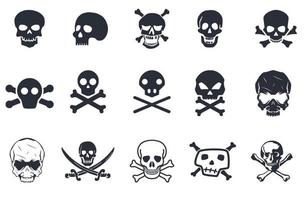 esqueletos. grande conjunto de caveiras, ossos e símbolos piratas. 15 silhuetas de crânio e osso em um conjunto. vetor