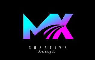 letras coloridas criativas mx mx logotipo com linhas principais e design de conceito de estrada. letras com desenho geométrico. vetor