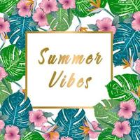 Vibes do verão. design de folheto tropical verde de verão com flores tropicais e folhas de monstera. projeto do quadro. espaço de cópia vetor