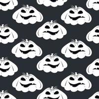 padrão perfeito com silhueta branca de um rosto de abóbora com olhos negros para halloween no fundo escuro vetor