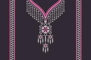 decote étnico bordado forma de flor geométrica design de cor rosa com borda em fundo preto. moda de arte tribal feminina para camisas. vetor