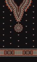 padrão de bordado de flor de vestido de cor vermelho-ouro étnico com borda em fundo preto. moda de arte tribal africana. vetor