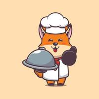 personagem de desenho animado de mascote de chef de raposa bonito com prato vetor