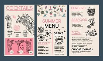 menu de verão, design de modelo. panfleto de comida. estilo desenhado à mão. ilustração vetorial. vetor