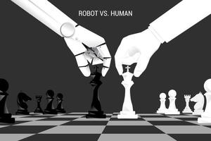 robô e mão humana mover peças de xadrez a bordo