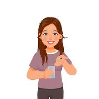 bela jovem mostrando pílulas na mão pronta tomando remédio com um copo de água vetor