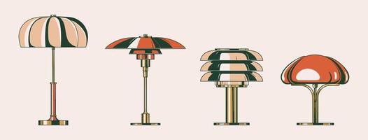 conjunto de ilustração de estilo retrô de lâmpadas vintage. adesivos de design plano isolados em fundo bege. conjunto de ícones vetor