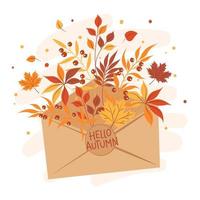 Olá outono. ilustração vetorial com carta e lindas folhas brilhantes. design para cartão, venda ou cartaz promocional, banner web. vetor