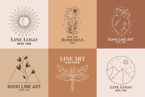 conjunto de logotipo esotérico boho místico doodle. ícone de arte de linha mágica com sol, mariposa, coração, areia, chave vetor