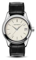 relógio realista relógio cor creme rosto prata pulseira de couro preto no branco design clássico vetor de luxo