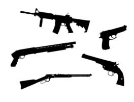 conjunto de silhuetas de armas de armas, ilustrações de preto e branco de pistolas de arma de fogo. vetor