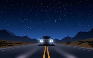 carro dirigindo na estrada deserta à noite sob o céu estrelado vetor