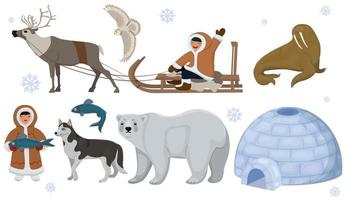 conjunto de esquimós étnicos com animais polares. coruja polar, urso, morsa, veado. ilustração vetorial isolada no fundo branco. vetor