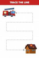 jogo de educação para crianças prática de caligrafia traçar as linhas ajudar transporte caminhão de bombeiros a mover-se para casa de bombeiros vetor