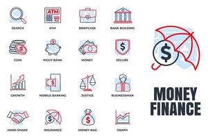 conjunto de ilustração em vetor logotipo ícone finanças dinheiro. modelo de símbolo de pacote de finanças para coleção de design gráfico e web. dinheiro, pesquisa, gráfico, empresário e muito mais