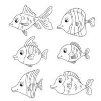 animais marinhos de desenho animado esboçados definidos para desenho. página para colorir de peixes engraçados vetor