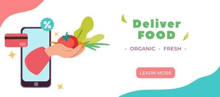 peça e entregue banner de modelo de página da web de design de alimentos orgânicos on-line vetor