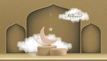 pódio 3d islâmico com nuvem fofa, lua crescente de ouro rosa e estrela pendurada no fundo amarelo, banner islâmico horizontal para vitrine de produtos, apresentação de produtos, ramadan, eid al adha, eid mubarak vetor