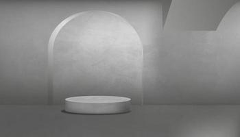 sala de estúdio de concreto cinza com maquete de pódio 3d, design de loft moderno vazio de pano de fundo vetorial com iluminação na parede traseira e piso de cimento cinza áspero, modelo de plano de fundo interior industrial vetor