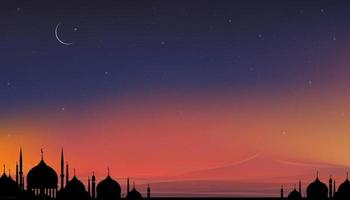 cartão islâmico com mesquitas de cúpula de silhueta, lua crescente no fundo do céu laranja, noite de ramadã de vetor com céu crepuscular para religião islâmica, eid al-adha, eid mubarak, eid al fitr, ramadan kareem