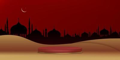 fundo de cartão de saudação eid mubarak com lua crescente de silhueta de mesquita e estrela em fundo de parede de corte de papel vermelho. vetor