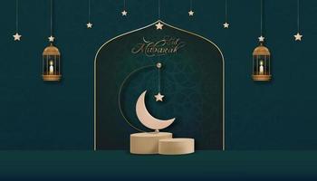 pódio islâmico com lanterna islâmica tradicional com lua crescente, estrela pendurada no fundo verde, pano de fundo vetorial da religião do simbólico muçulmano, eid al fitr, ramadan kareem, eid al adha, eid mubarak vetor