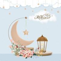 design de saudação eid mubarak com lua crescente e estrela pendurada na lanterna árabe, buquê de flores em fundo bege, cartão vetorial da religião muçulmana para eid al fitr, ramadan kareem, eid al adha vetor