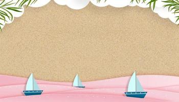 fundo de verão plano leigo com nuvens brancas de origami, barco navegando na onda do oceano rosa na praia de areia, elemento de design de verão tropical estilo de arte de papel de ilustração vetorial para férias de verão, viagens, venda vetor