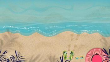 fundo de verão com sandália, passo de pegada na praia de areia, sombra de folha de palmeira de chapéu, onda do oceano azul no domingo, óculos de sol e na praia, banner de ilustração vetorial de vista superior com conceito de férias vetor