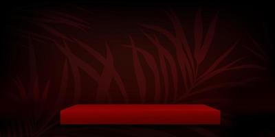 pódio de sala de estúdio com folha de palmeira vermelha no fundo da parede preta, ilustração vetorial 3d galeria vazia com exibição de estande ou prateleira, design de banner para apresentação de produtos para venda de temporada de férias vetor