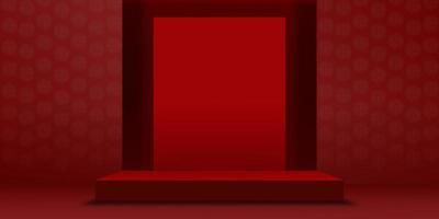 pano de fundo do ano novo chinês, pódio da sala de estúdio com papel lunar cortado no fundo da parede vermelha, ilustração vetorial 3d galeria vazia com exibição de estande ou prateleira, design de banner para apresentação de produtos vetor
