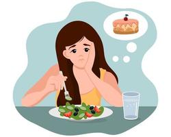 uma menina triste come uma salada e sonha com um bolo. o conceito de dietética e alimentação saudável. ilustração, clipart, vetor