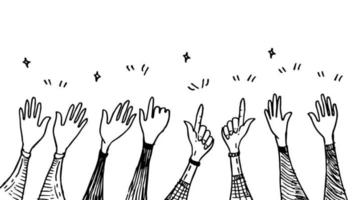 mão desenhada de mãos para cima, aplausos, aplausos, polegares para cima gesto no estilo doodle. ilustração vetorial vetor