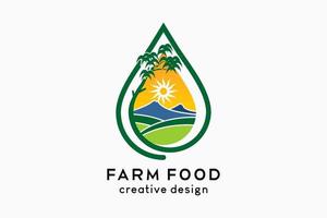 logotipo de comida de fazenda, ilustração de fonte de alimentos orgânicos. ícones de arroz, árvore, montanha e sol em gotas vetor