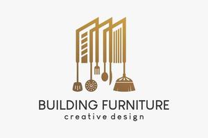 logotipo de utensílios domésticos ou móveis, vassouras e talheres, utensílios de fritura combinados com edifícios em um conceito criativo vetor