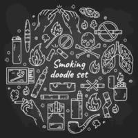 ícones de giz vetorial desenhados à mão para fumar cigarros definidos no quadro-negro no estilo de desenho doodle. o conceito de círculo de maus hábitos com tabaco, isqueiros e vape. vetor