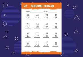 planilha de subtração para crianças. planilha de atividades de matemática educacional para crianças vetor
