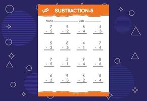 planilha de subtração para crianças. planilha de atividades de matemática educacional para crianças vetor