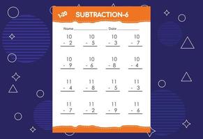 planilha de subtração para crianças. planilha de atividades de matemática educacional para crianças vetor