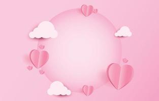 elementos de corte de papel em forma de coração voando e nuvens no fundo rosa e doce com um quadro de círculo em branco. símbolos vetoriais de amor para feliz dia dos namorados, design de cartão de aniversário.
