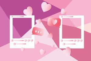 duas molduras brancas de mídia social com corações de papel rosa, conceito para enviar amor por telefone, moldura para dia dos namorados com fundo de polígono, ilustração vetorial. vetor