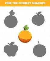 jogo de educação para crianças encontre o conjunto de sombras correto de laranja de frutas de desenho animado vetor