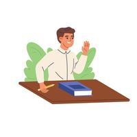 menino aframerican inteligente levantando a mão para responder. estudante levanta a mão para uma resposta. educação escolar primária e conceito de aprendizagem. ilustração vetorial plana vetor