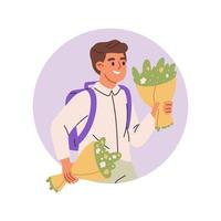 retrato de menino de escola. garoto com flores nas mãos. aluno do ensino fundamental ou estudante do ensino médio. ilustração vetorial plana vetor