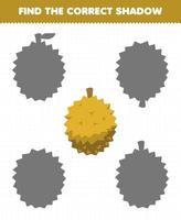 jogo de educação para crianças encontre o conjunto de sombras correto de durian de frutas de desenho animado vetor