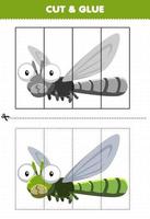 jogo de educação para crianças cortado e colado com libélula de desenho animado bonito vetor
