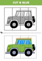 jogo de educação para crianças cortado e colado com carro de jipe de transporte de desenho animado vetor