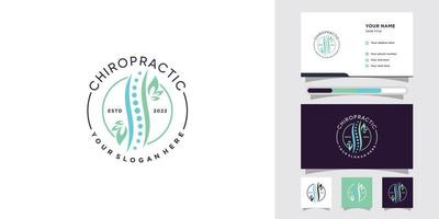 logotipo médico de quiropraxia com elemento de folha e vetor premium de cartão de visita