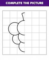 jogo de educação para crianças completa a imagem meio esboço de uva de fruta de desenho animado bonito para desenho vetor